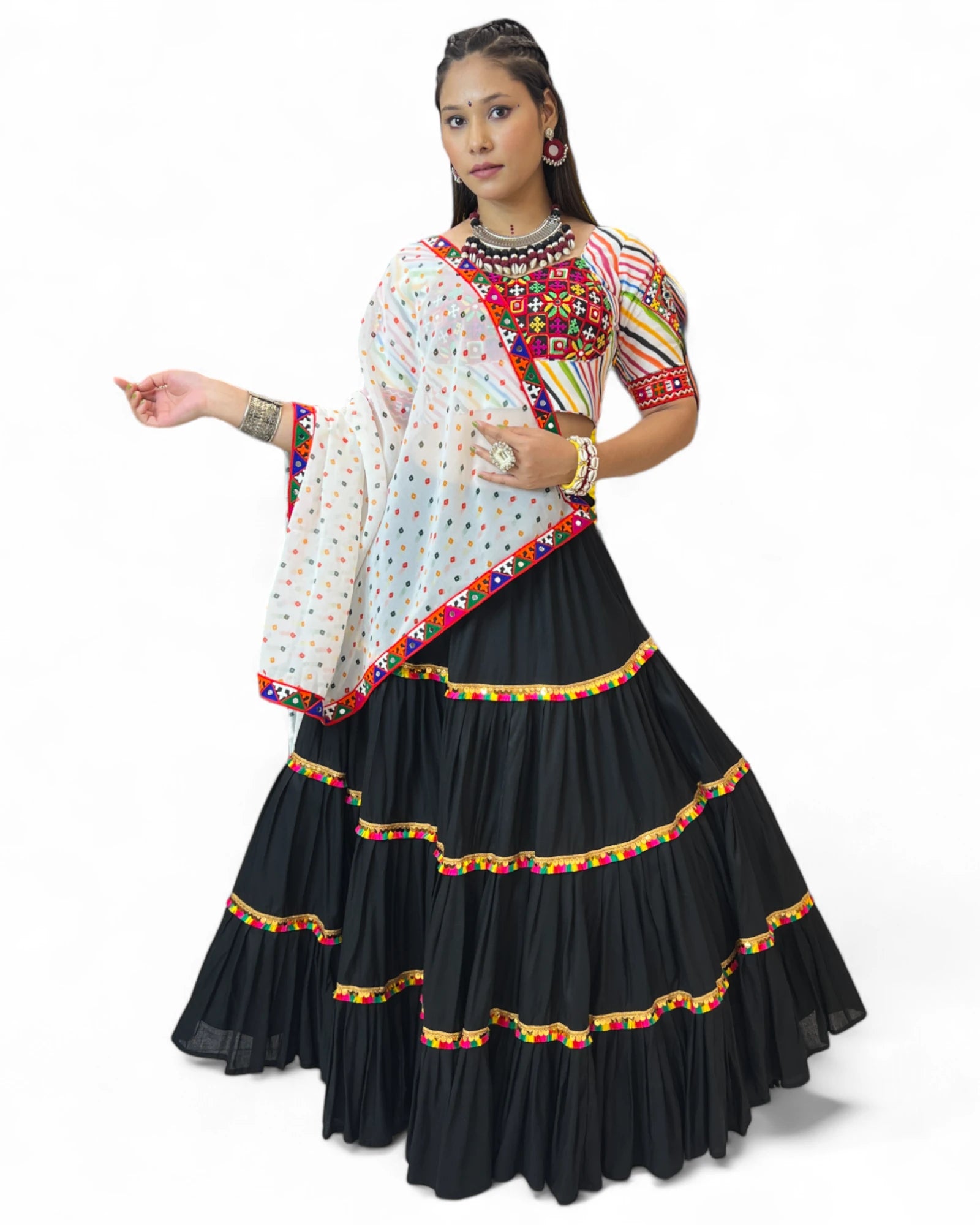 Black Rayon Navratri Gujarati Garba Lehenga Chaniya Choli with Stitched Blouse