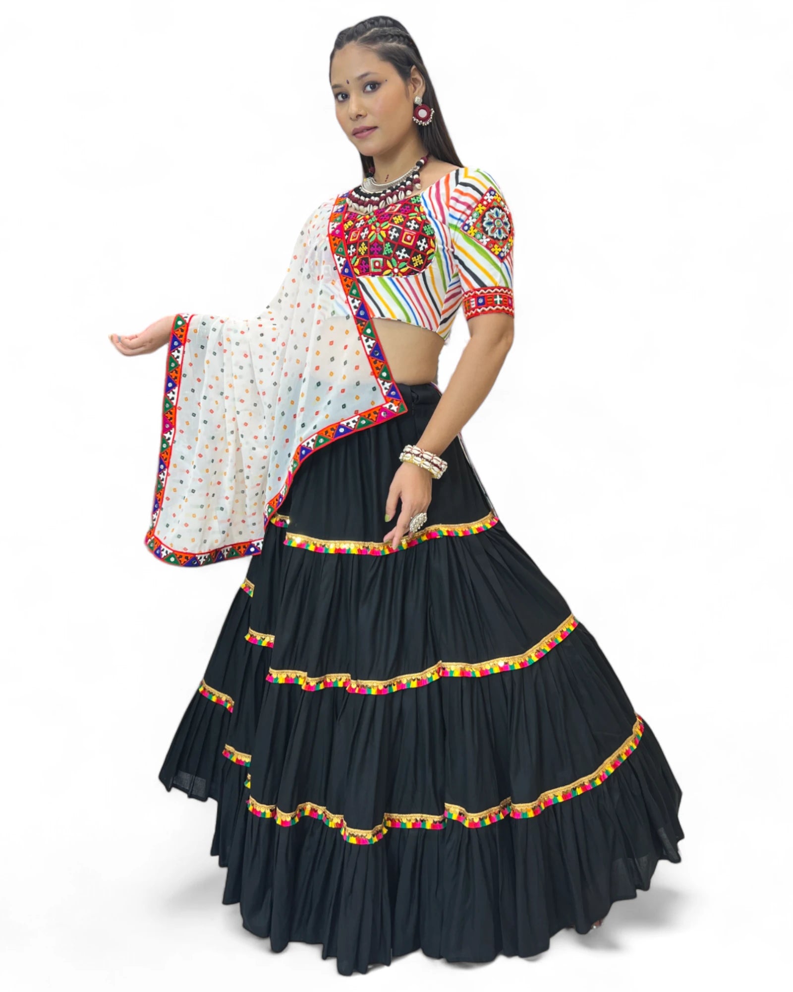 Black Rayon Navratri Gujarati Garba Lehenga Chaniya Choli with Stitched Blouse