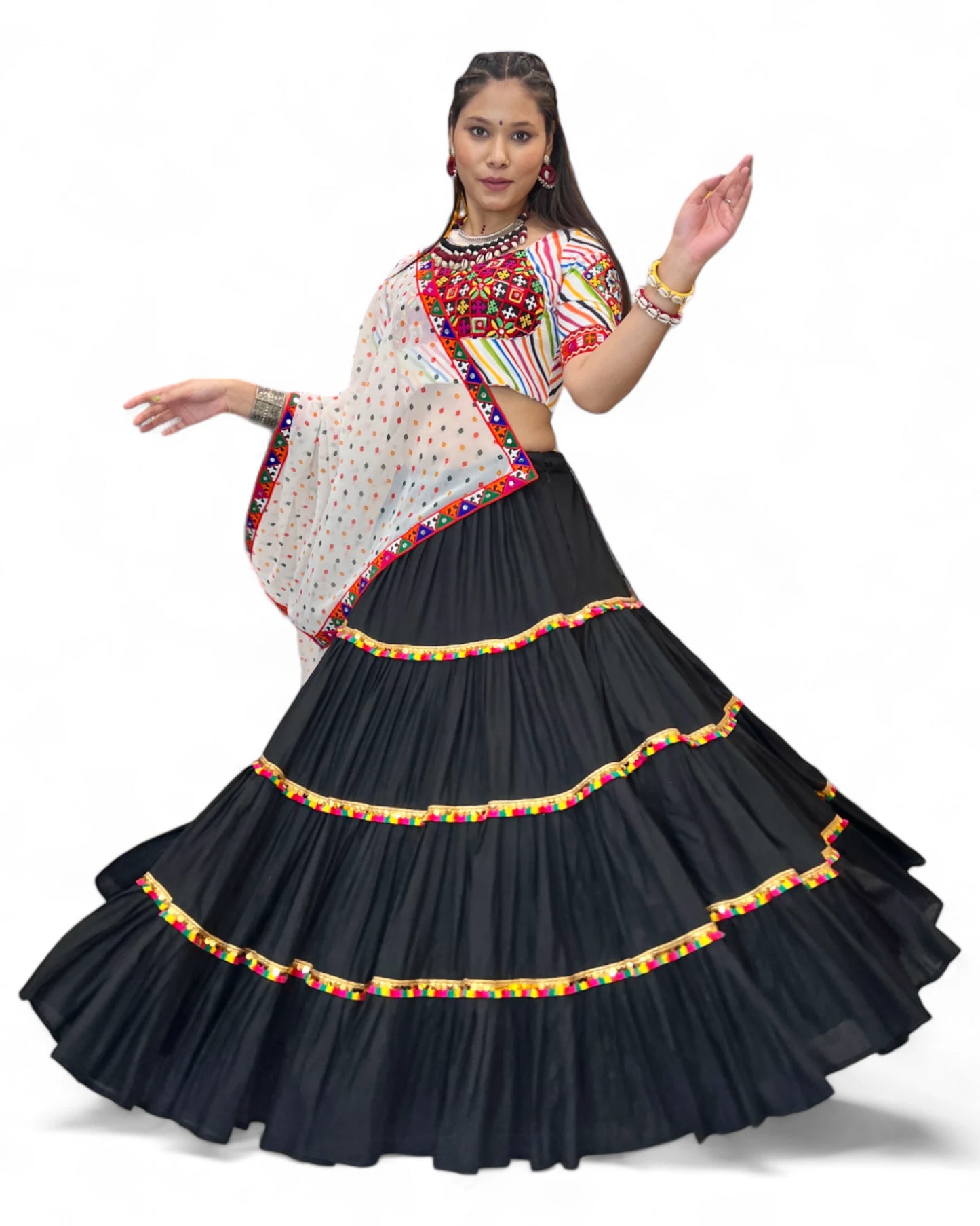 Black Rayon Navratri Gujarati Garba Lehenga Chaniya Choli with Stitched Blouse