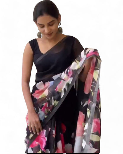 Stylish linen cotton floral printed saree Black Free Size