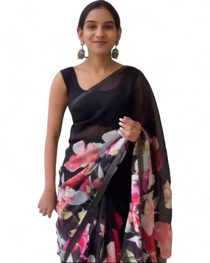 Stylish linen cotton floral printed saree
