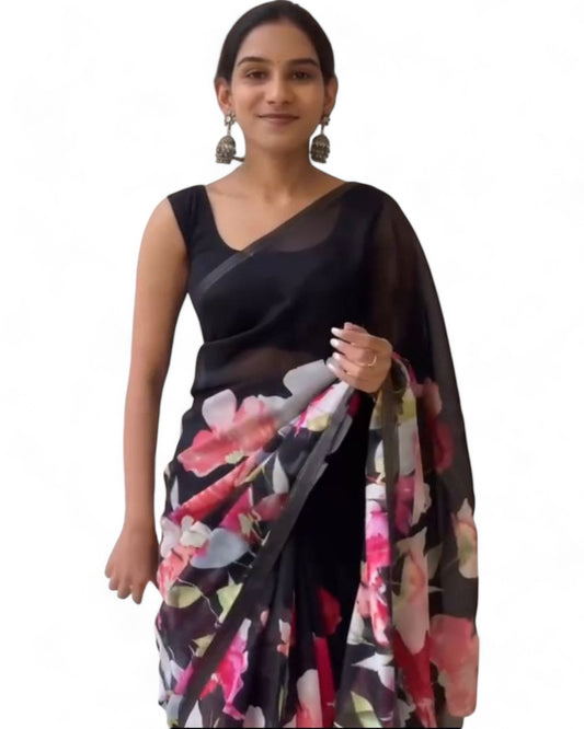 Stylish linen cotton floral printed saree