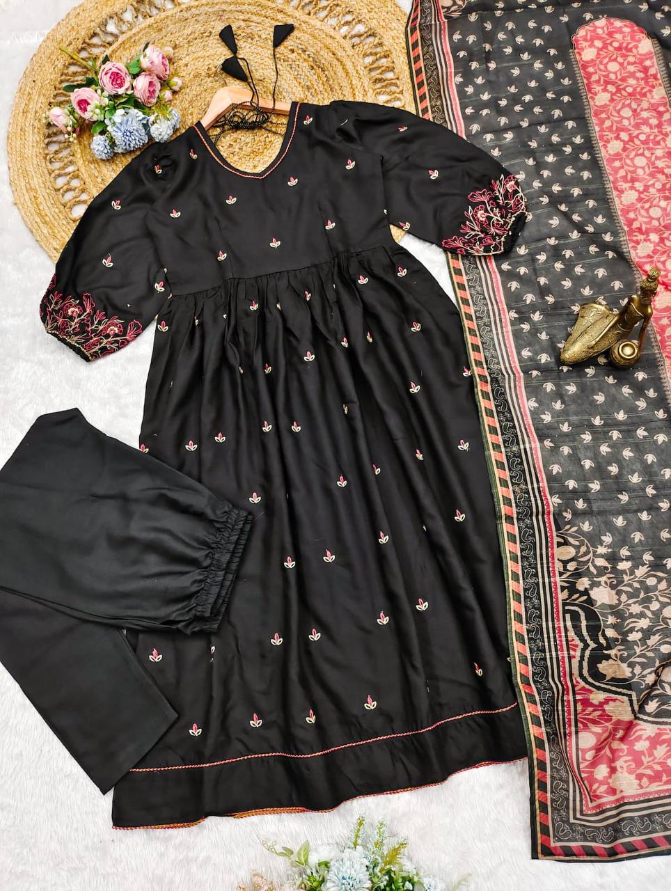 Black cotton embroidered party wear anarkali gown suit