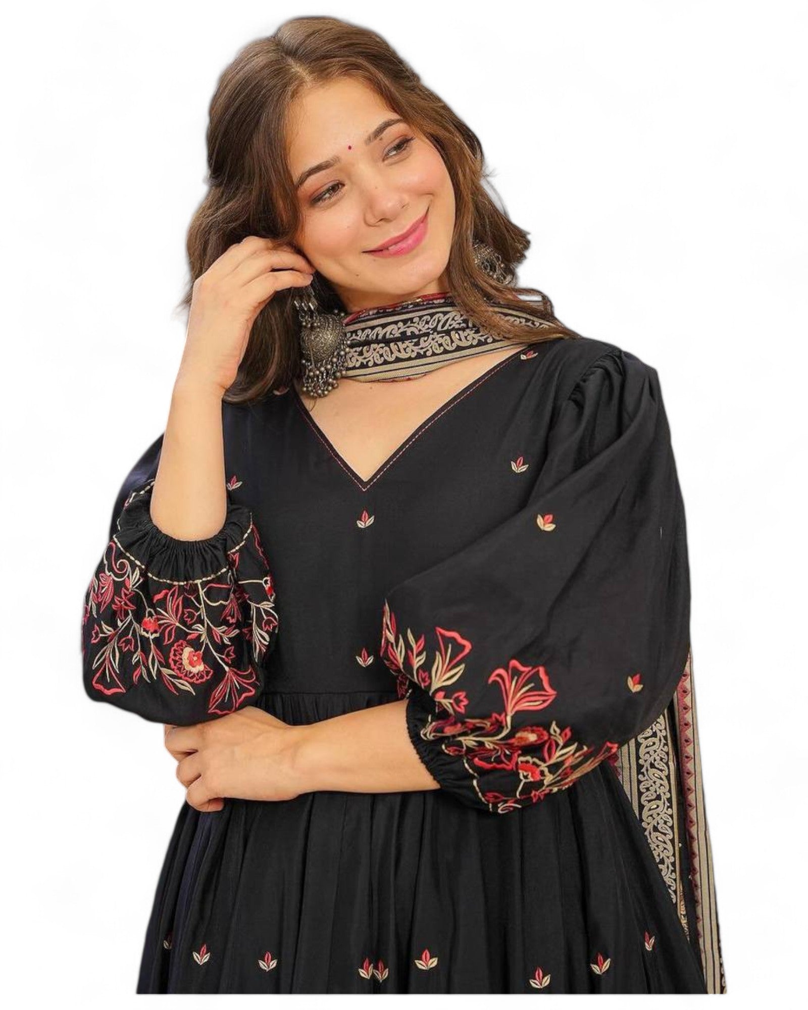 Black cotton embroidered party wear anarkali gown suit