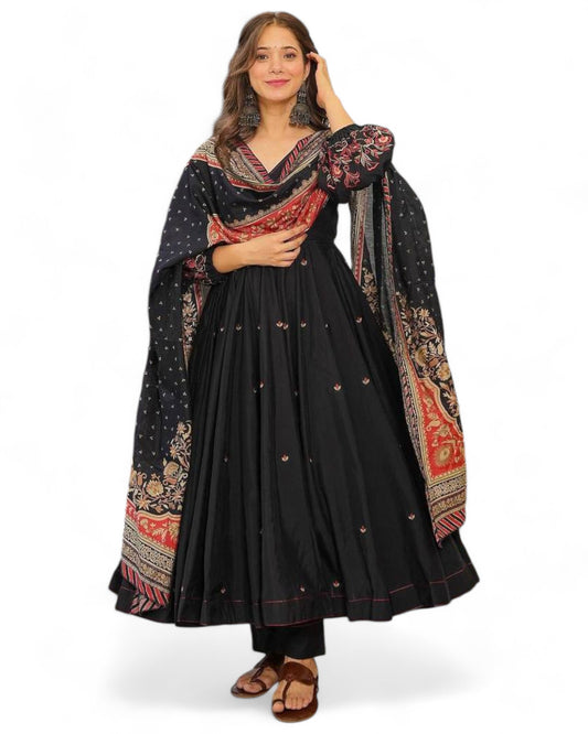 Black cotton embroidered party wear anarkali gown suit