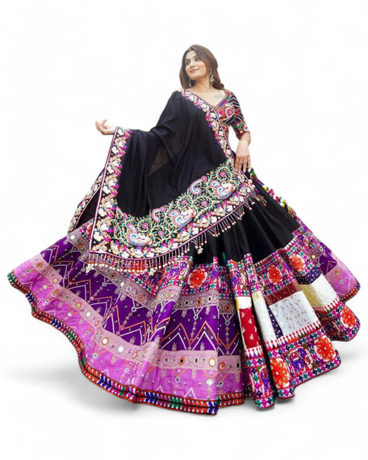 Black cotton print mirror work gujarati garba navratri lehenga chaniya choli