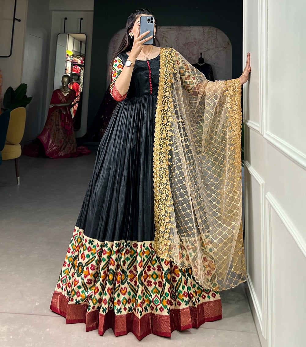 Black dola silk print foil work long gown