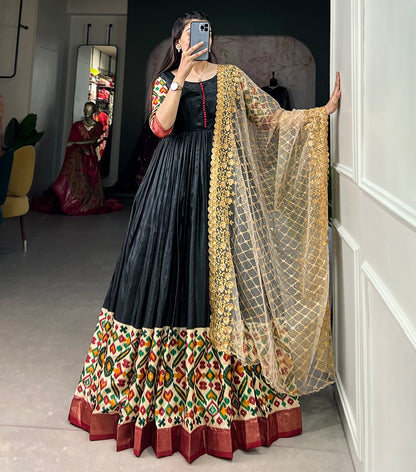 Black dola silk print foil work long gown