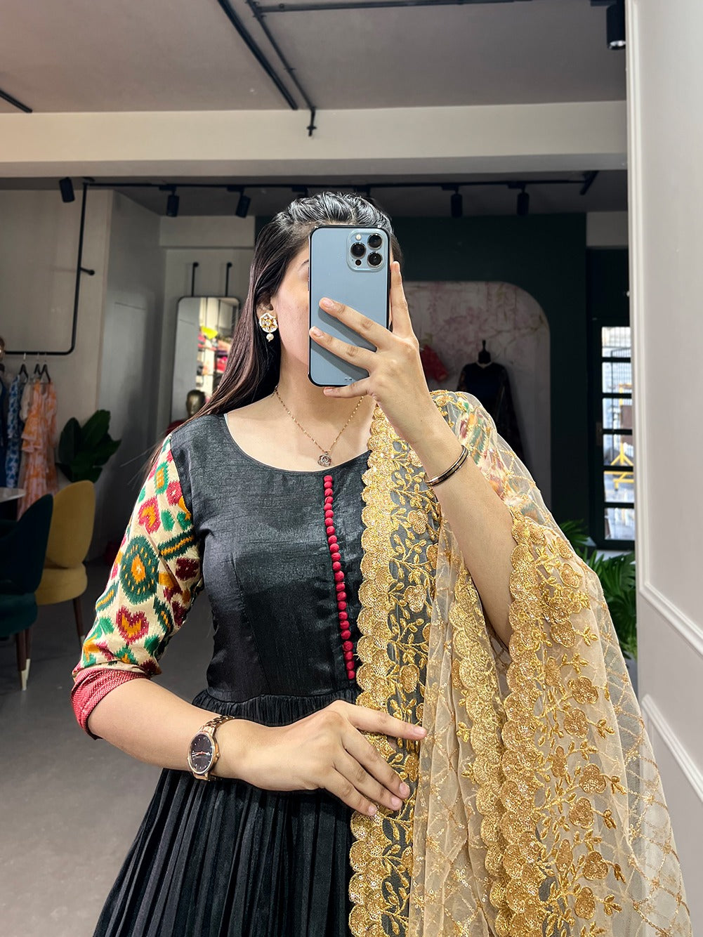 Black dola silk print foil work long gown