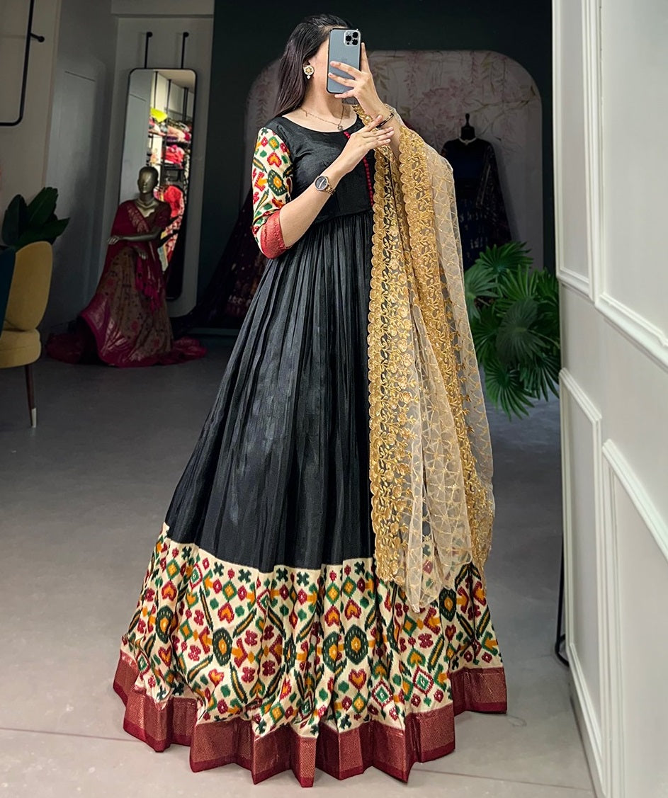 Black dola silk print foil work long gown