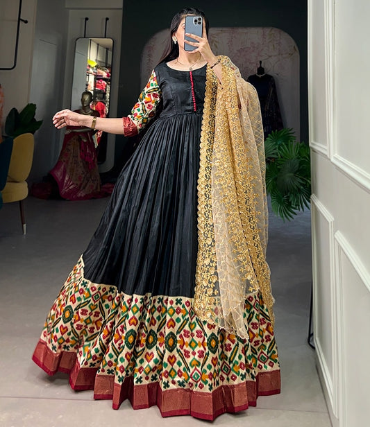 Black dola silk print foil work long gown
