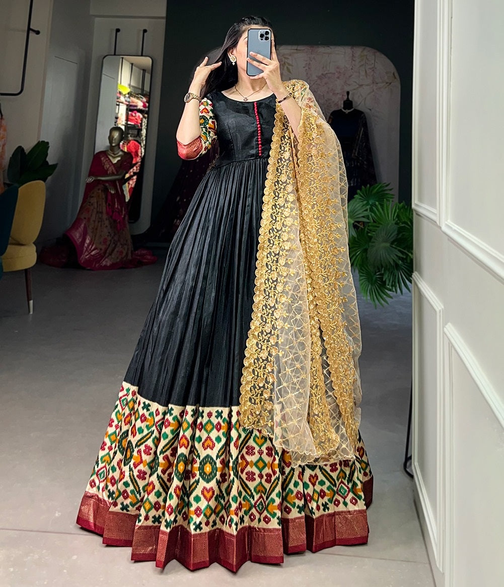 Black dola silk print foil work long gown