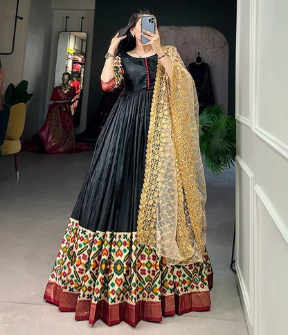 Black dola silk print foil work long gown
