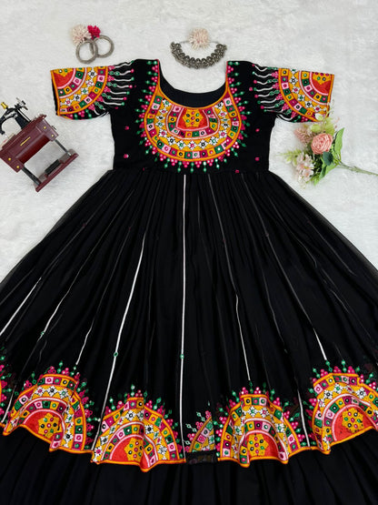 Black embroidered navratri garba special lehenga gown
