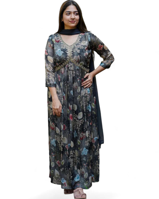 Black floral printed georgette alia cut suit