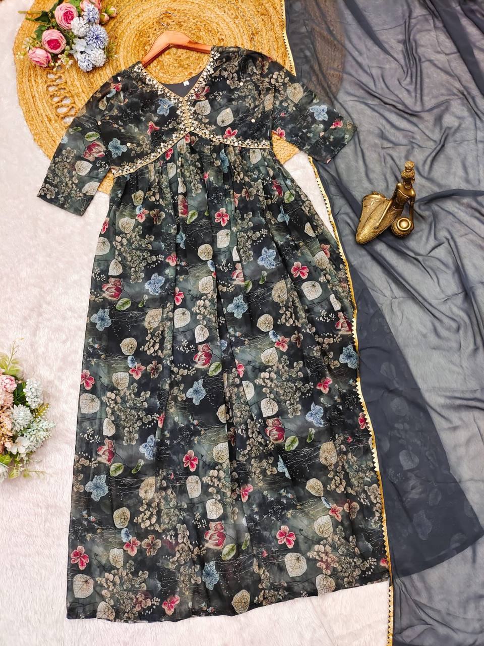 Black floral printed georgette alia cut suit