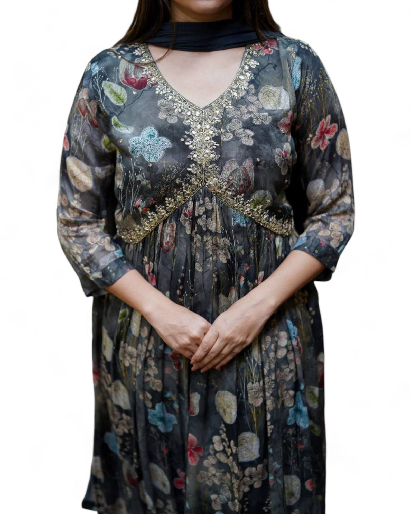 Black floral printed georgette alia cut suit