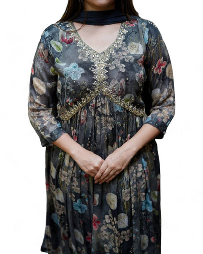 Black floral printed georgette alia cut suit