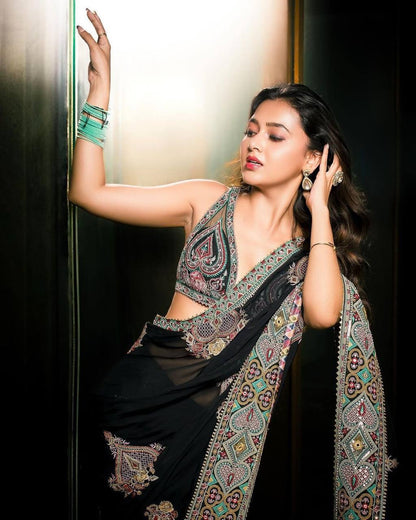 Black georgette designer heavy embroidered bollywood party wear saree