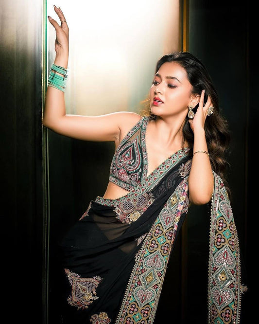 Black georgette designer heavy embroidered bollywood party wear saree