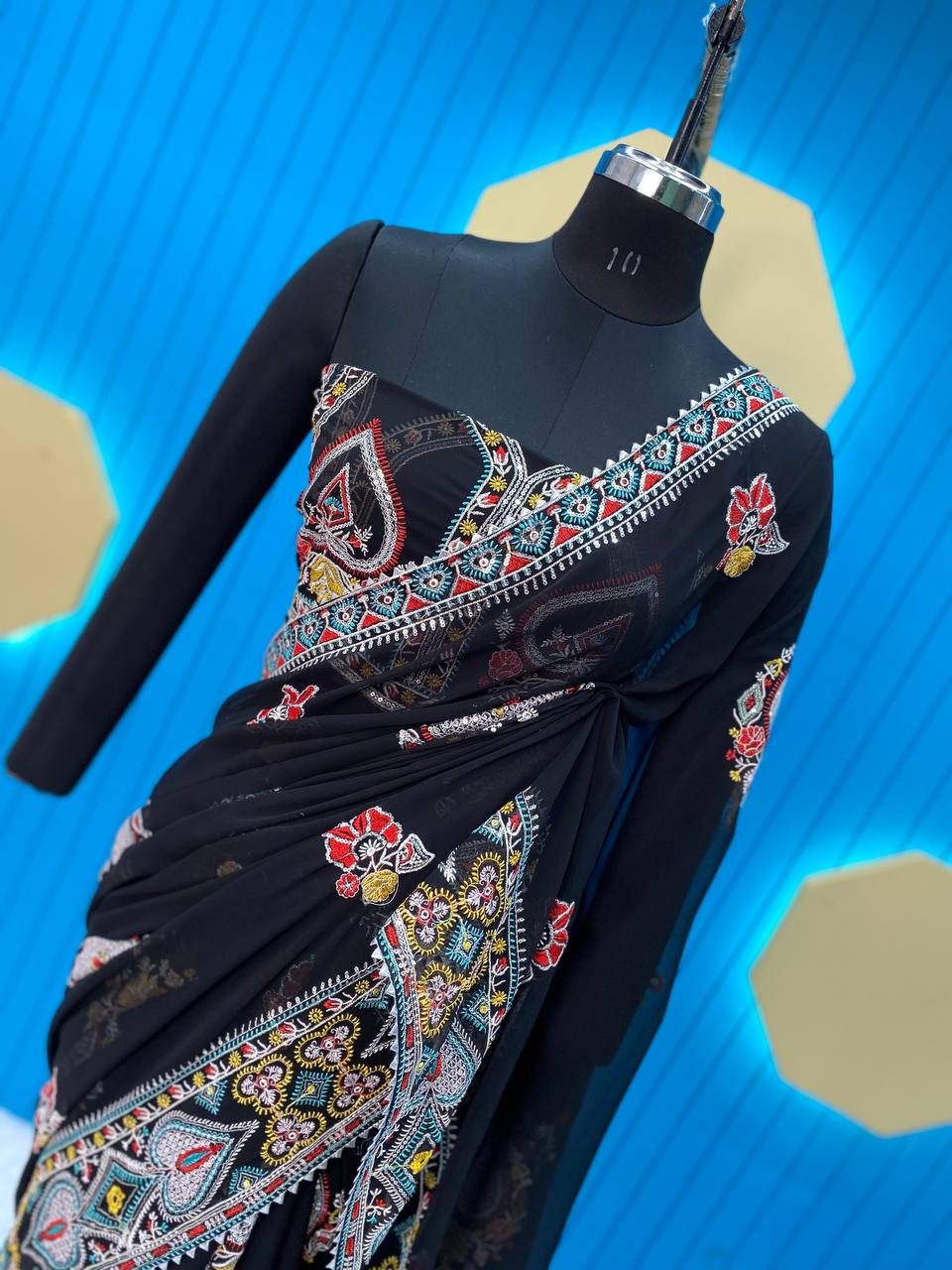 Black georgette designer heavy embroidered bollywood party wear saree