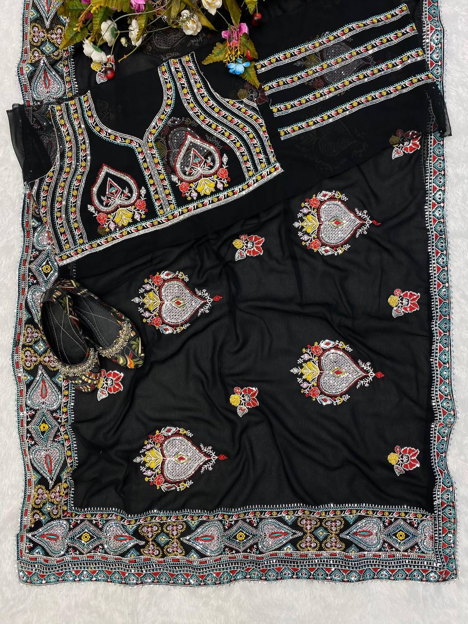 Black georgette designer heavy embroidered bollywood party wear saree