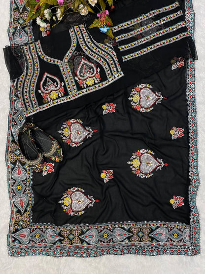 Black georgette designer heavy embroidered bollywood party wear saree