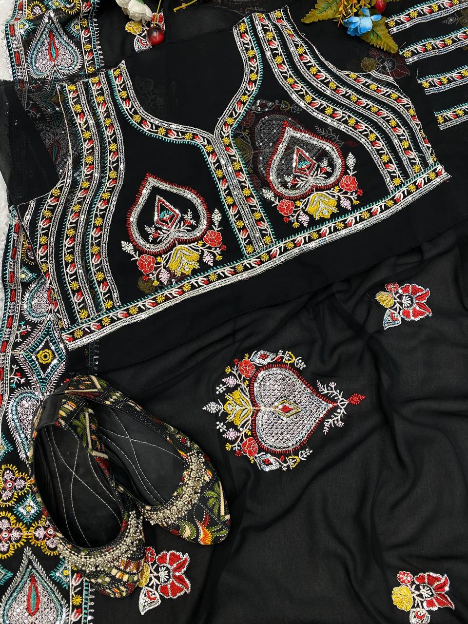 Black georgette designer heavy embroidered bollywood party wear saree