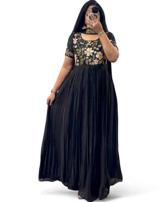 Black georgette embroidered party wear anarkali suit gown