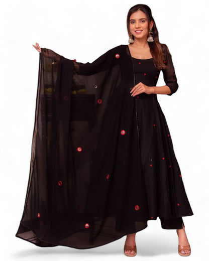 Black georgette stylish red thread work maxi anarkali dress
