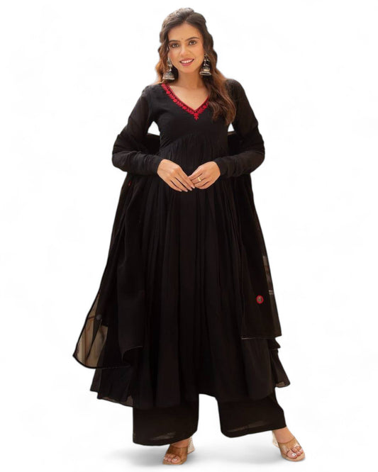 Black georgette stylish red thread work maxi anarkali dress Black B