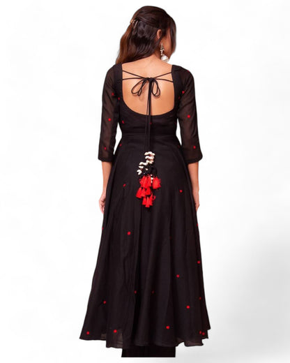 Black georgette stylish red thread work maxi anarkali dress