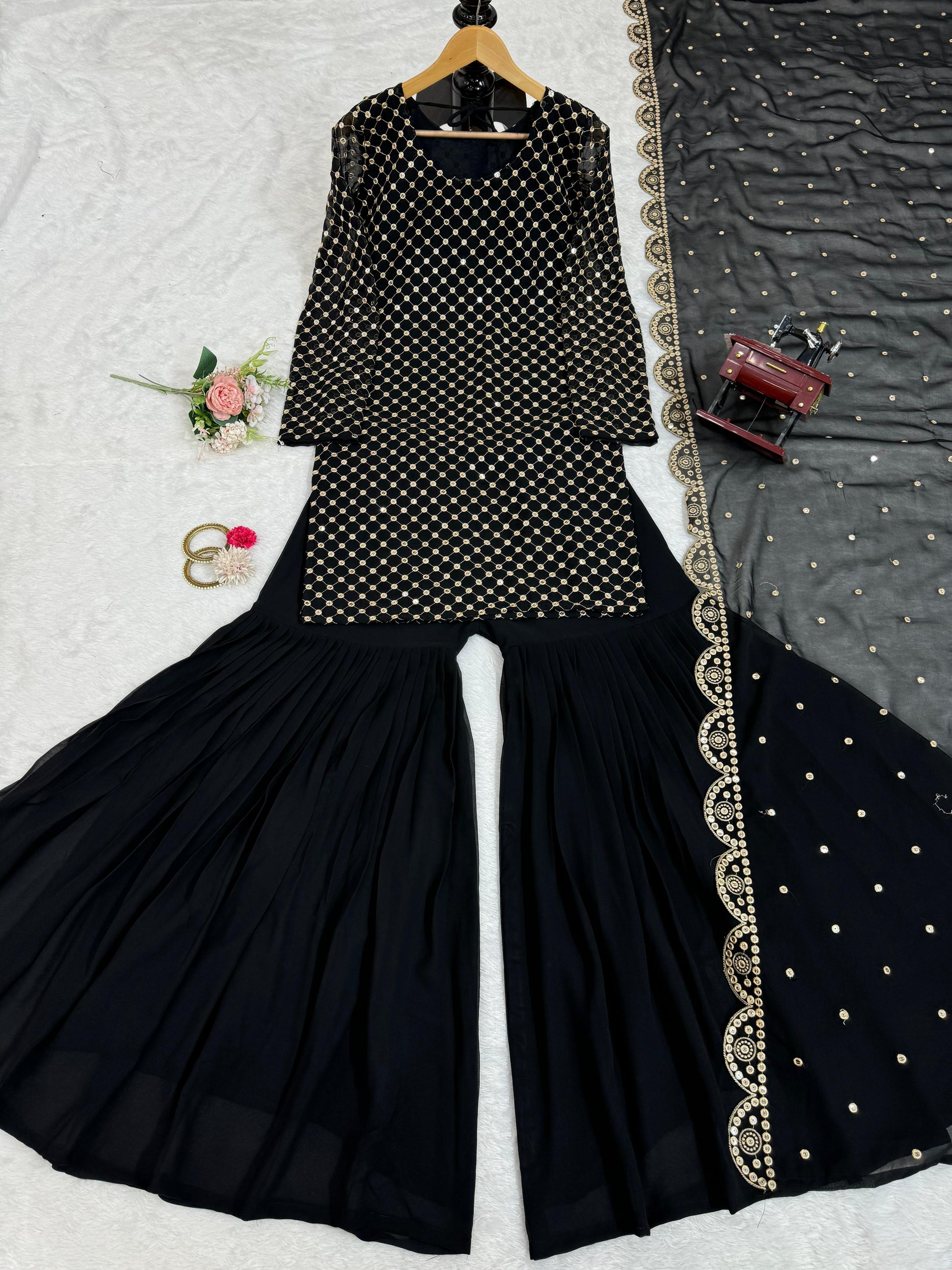 Black georgette thread sequin work designer sharara suit