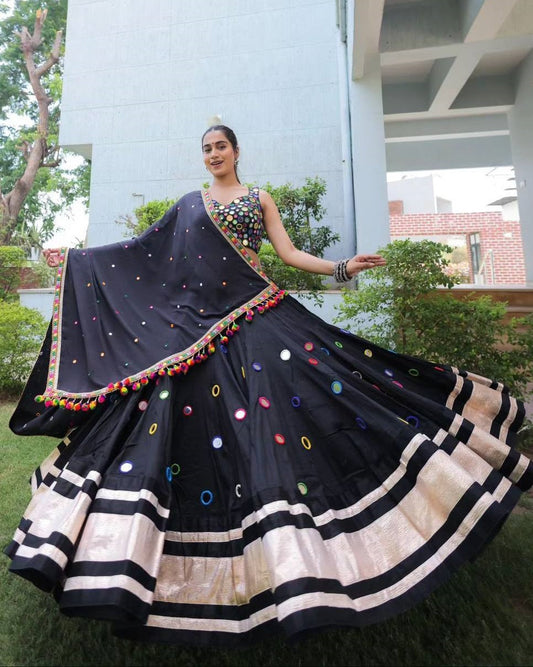 Black printed navratri gujarati garba mirror work lehenga chaniya choli