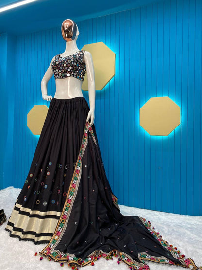 Black printed navratri gujarati garba mirror work lehenga chaniya choli