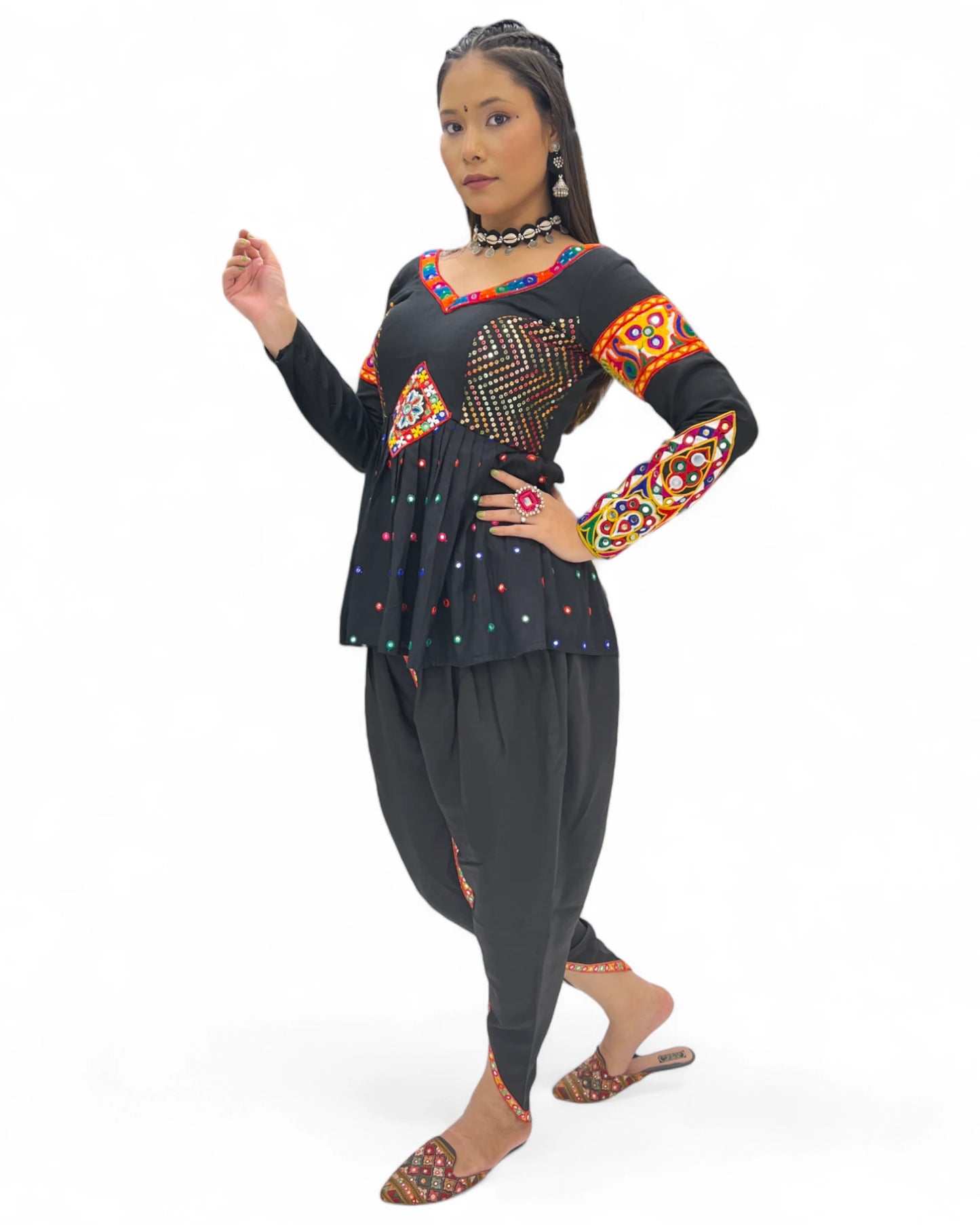 Black rayon gamthi kedia navratri gujarati garba dhoti dadiya dress