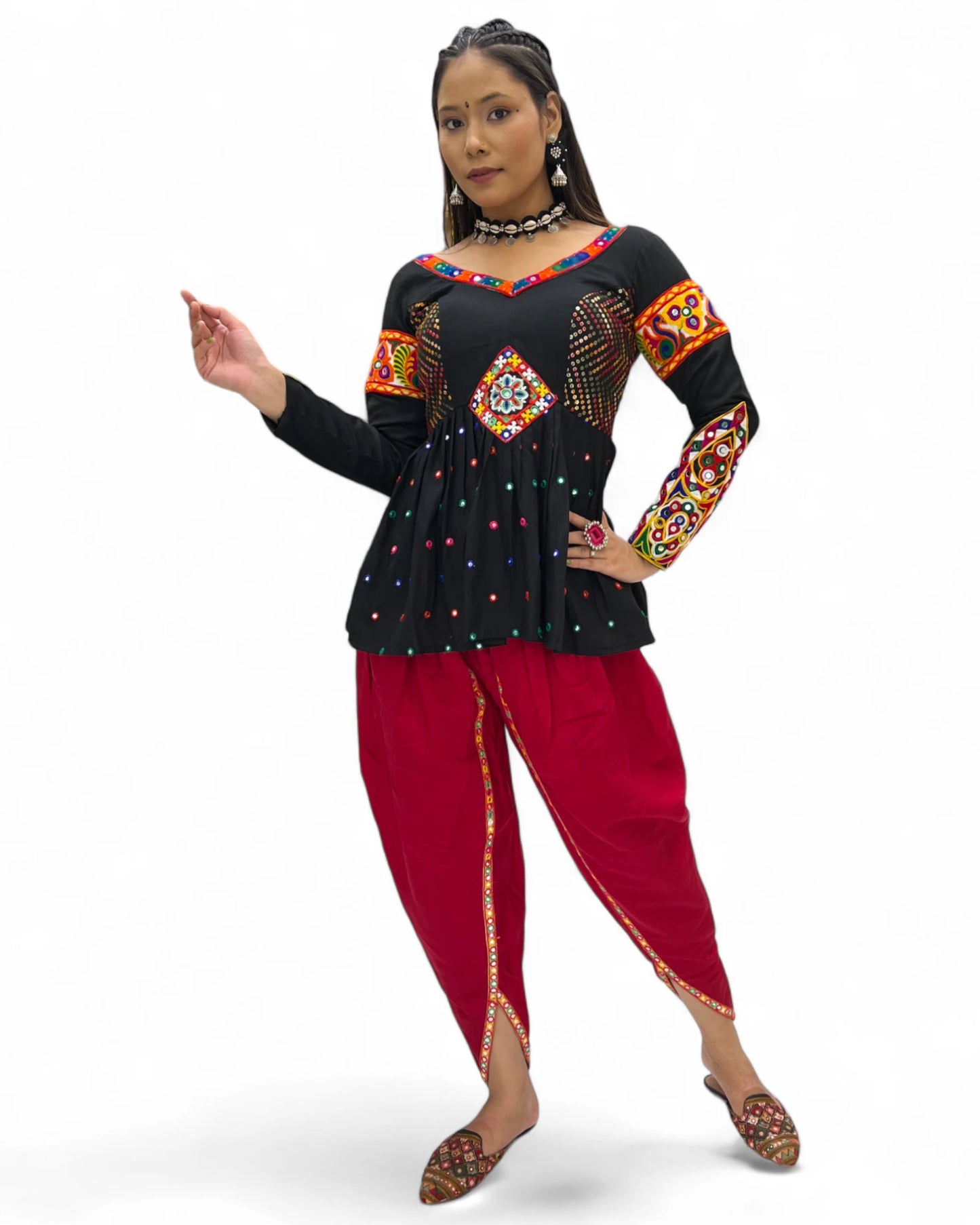 Black red rayon gamthi kedia navratri gujarati garba dhoti dadiya dress