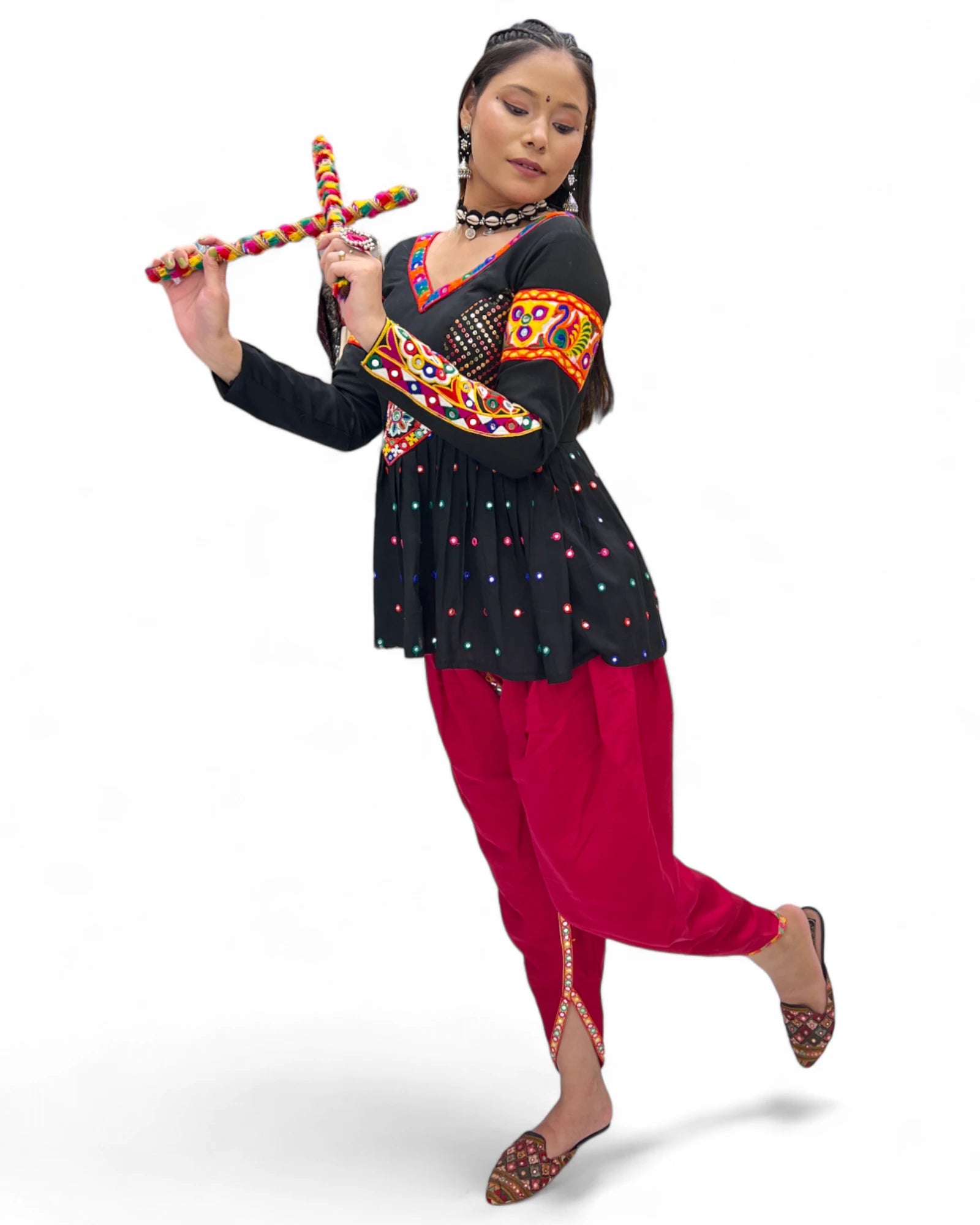 Black red rayon gamthi kedia navratri gujarati garba dhoti dadiya dress