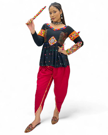 Black red rayon gamthi kedia navratri gujarati garba dhoti dadiya dress