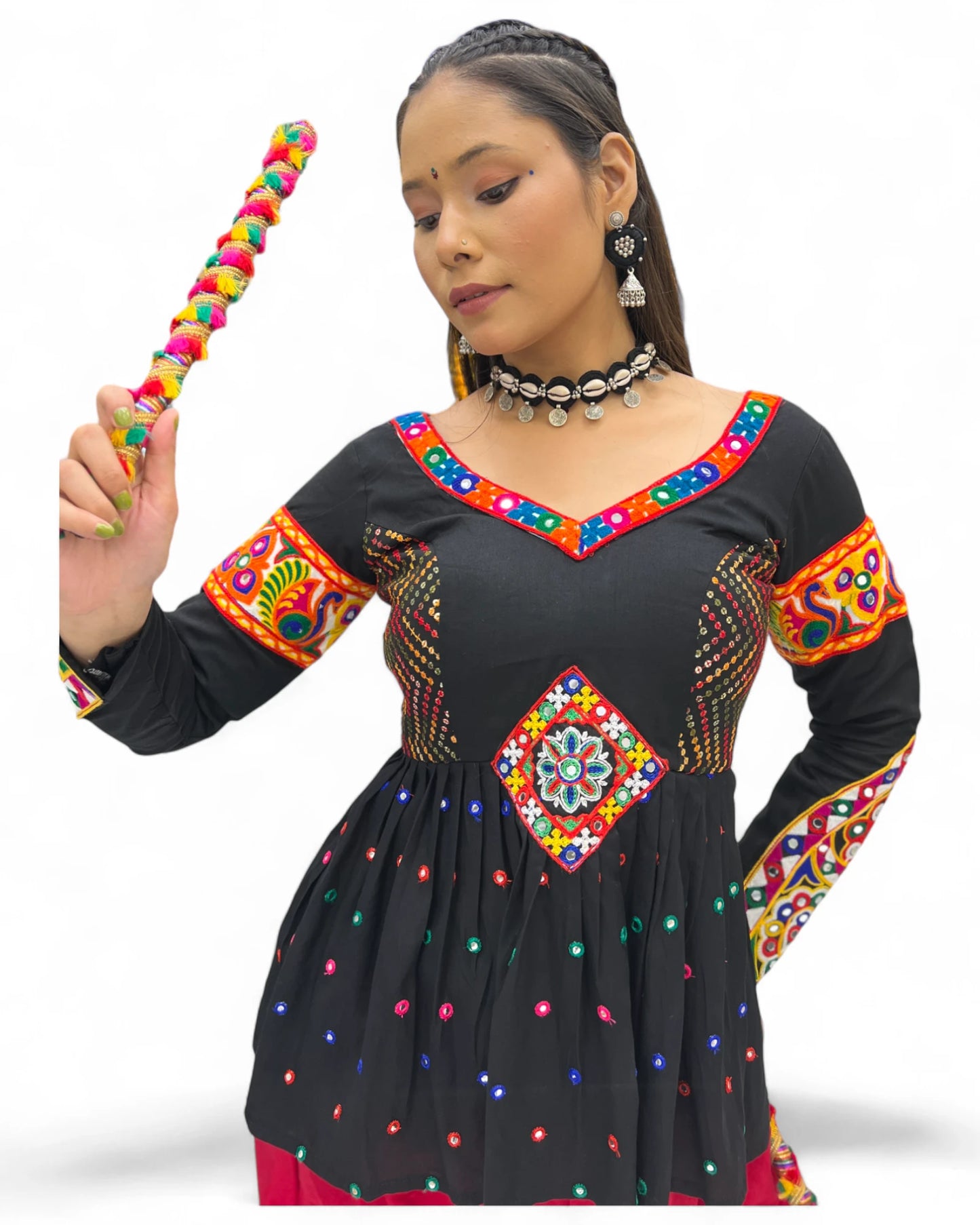 Black red rayon gamthi kedia navratri gujarati garba dhoti dadiya dress