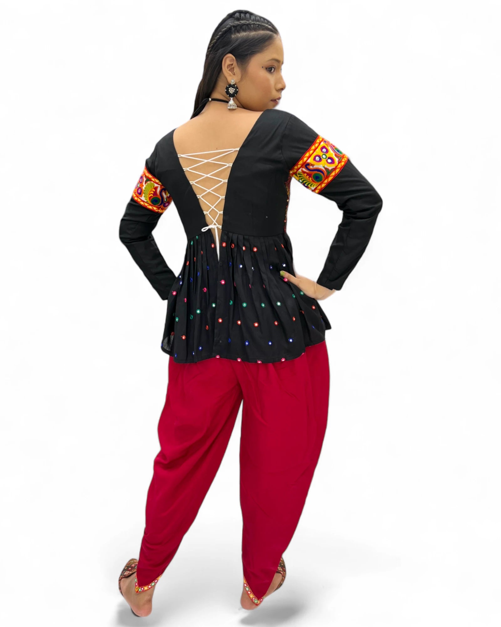 Black red rayon gamthi kedia navratri gujarati garba dhoti dadiya dress