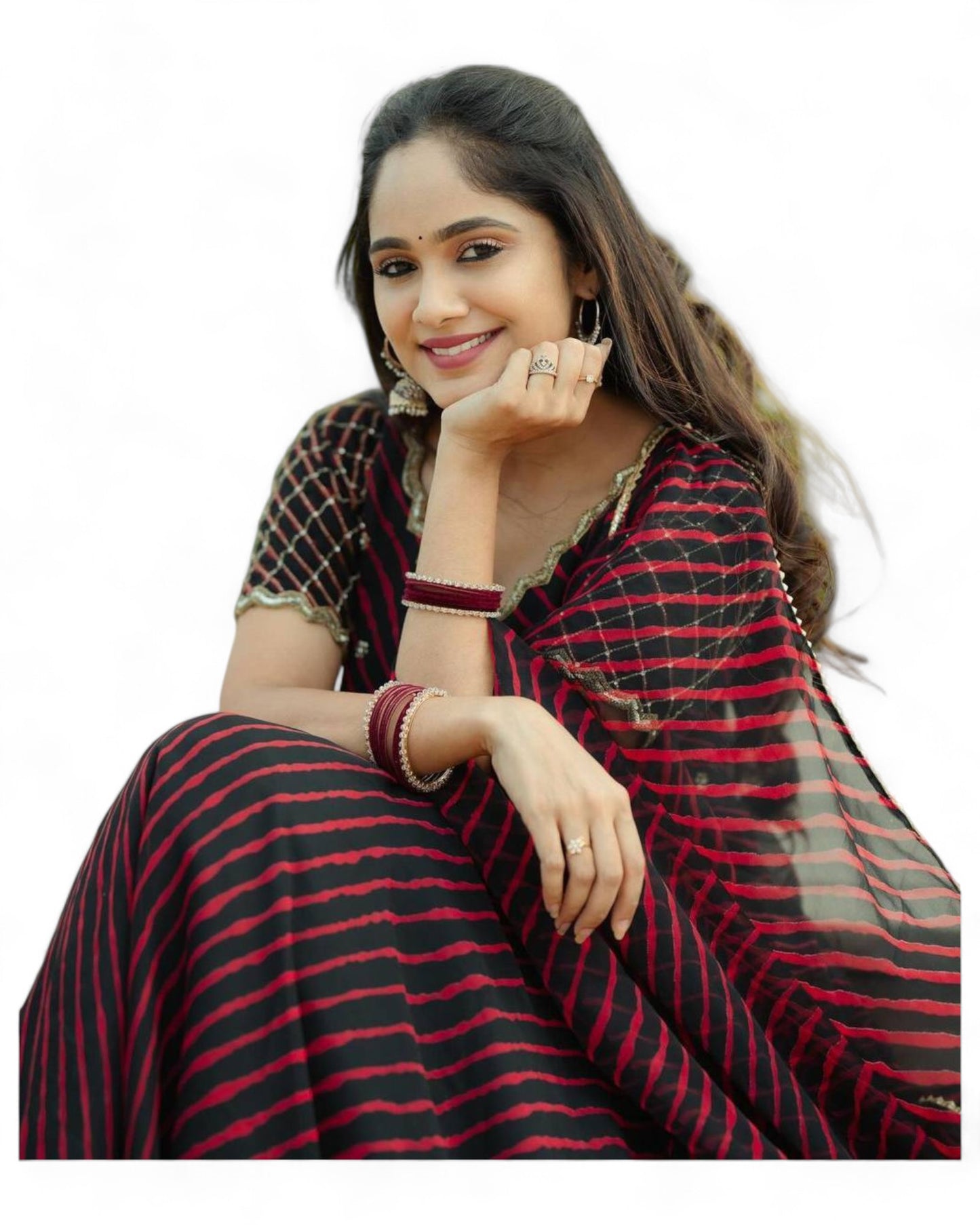 Black red stripe printed georgette gown with dupatta