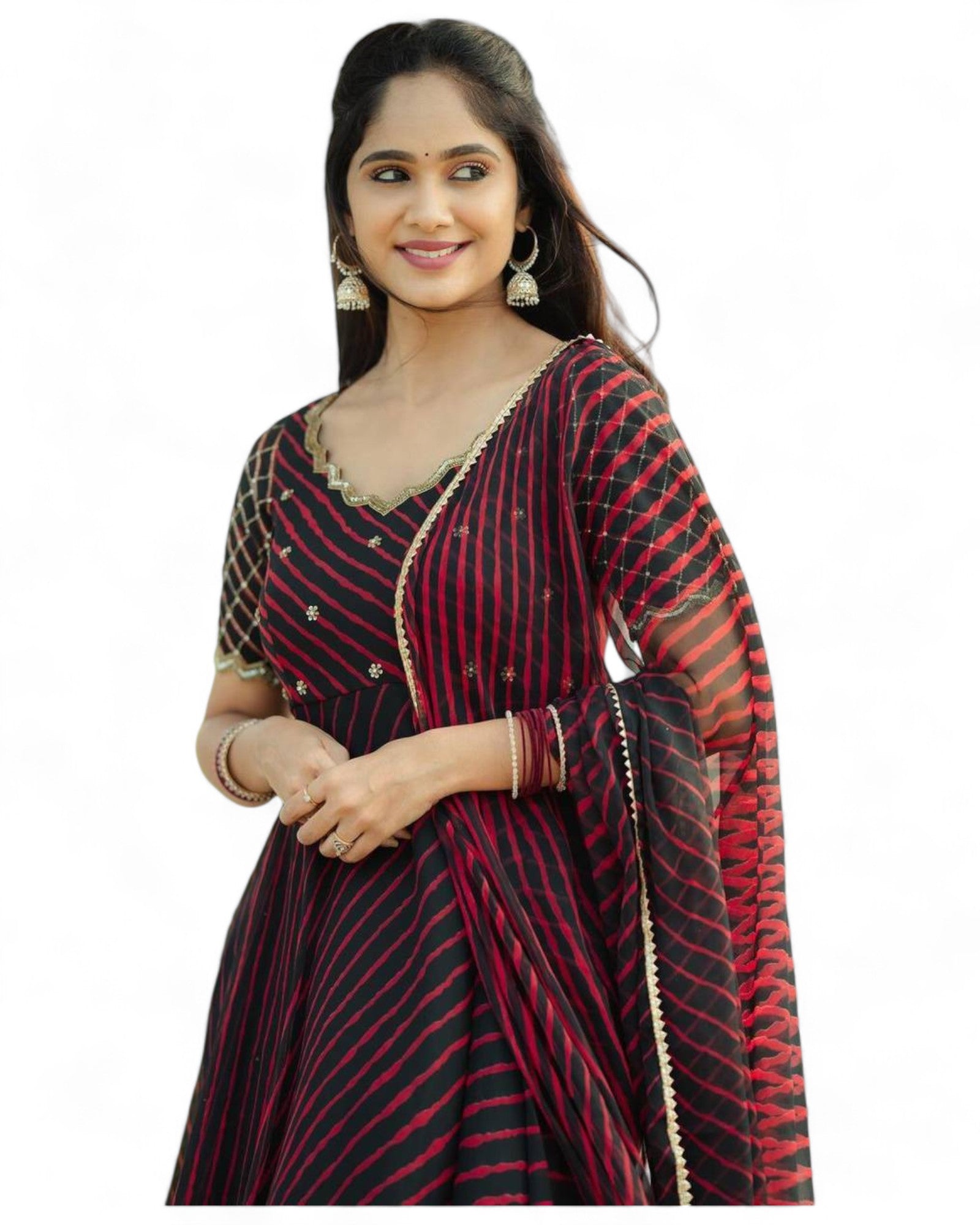 Black red stripe printed georgette gown with dupatta