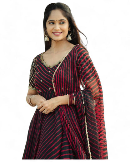 Black red stripe printed georgette gown with dupatta