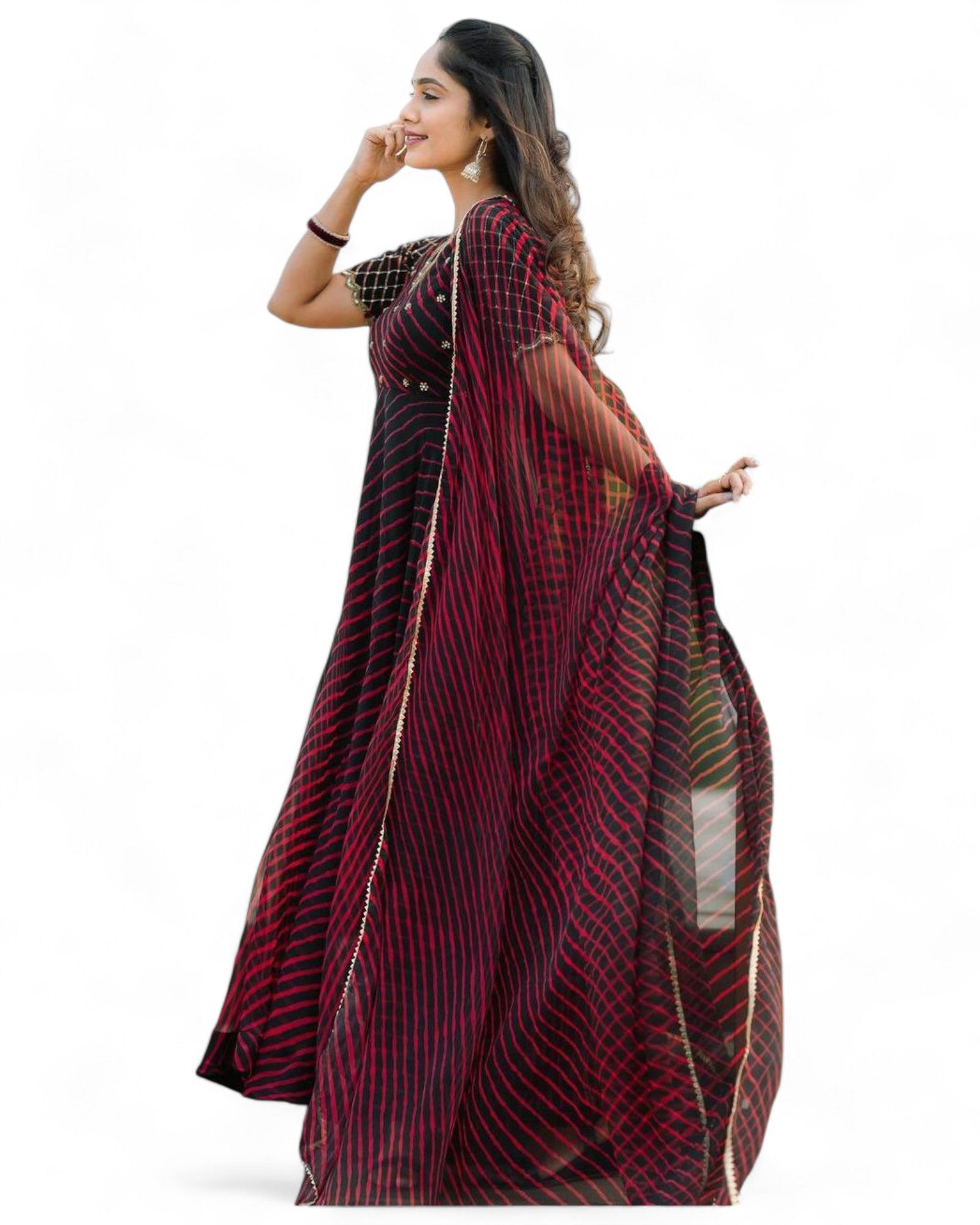 Black red stripe printed georgette gown with dupatta