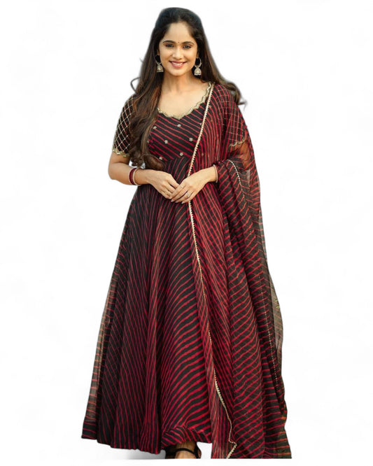 Black red stripe printed georgette gown with dupatta