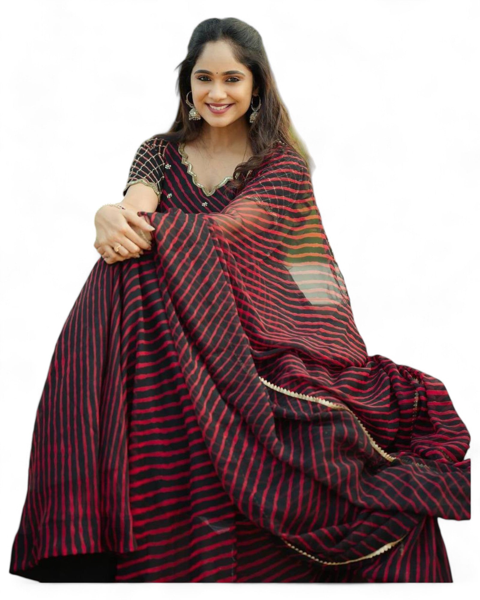 Black red stripe printed georgette gown with dupatta