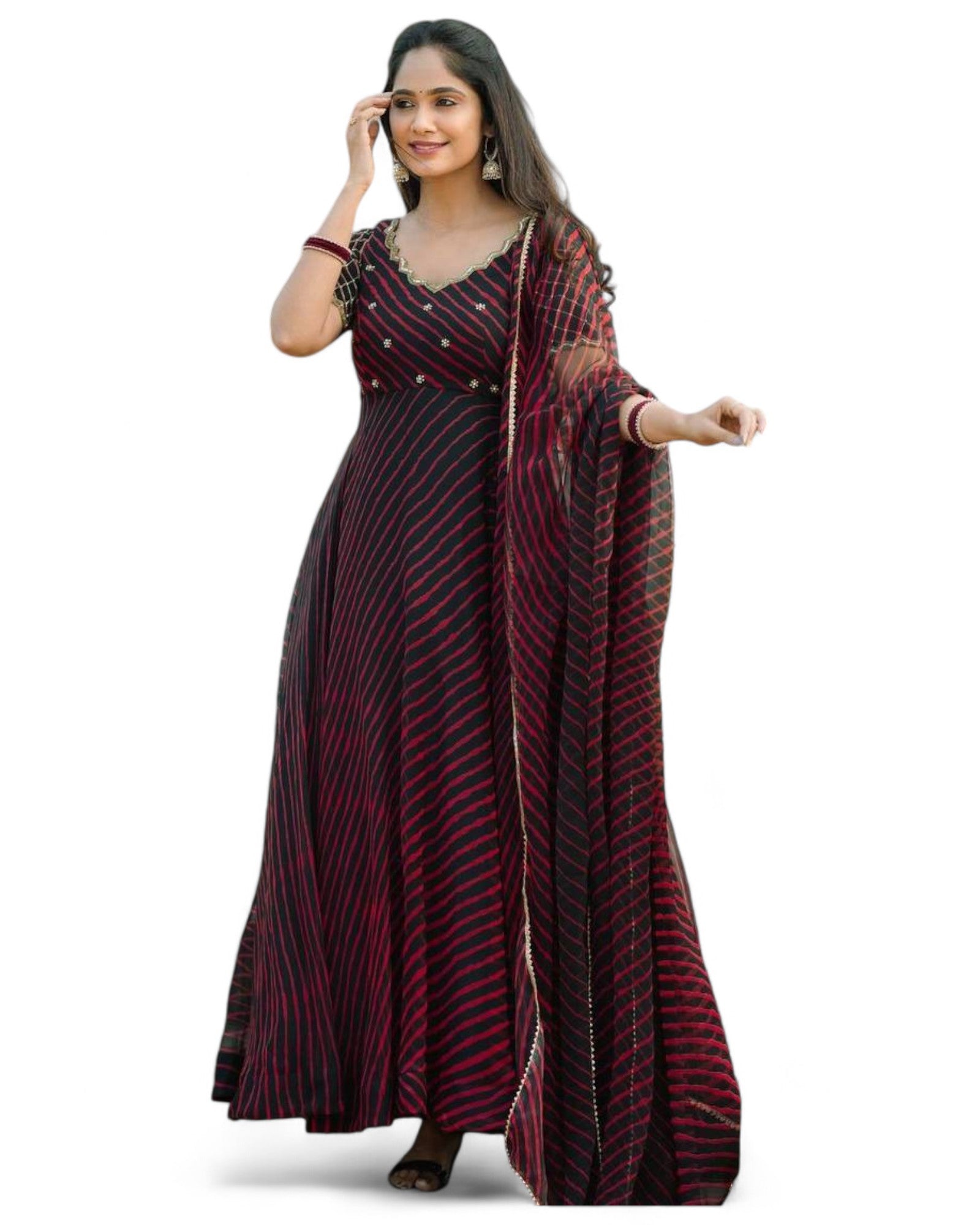 Black red stripe printed georgette gown with dupatta