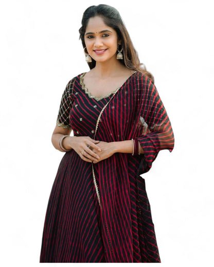 Black red stripe printed georgette gown with dupatta