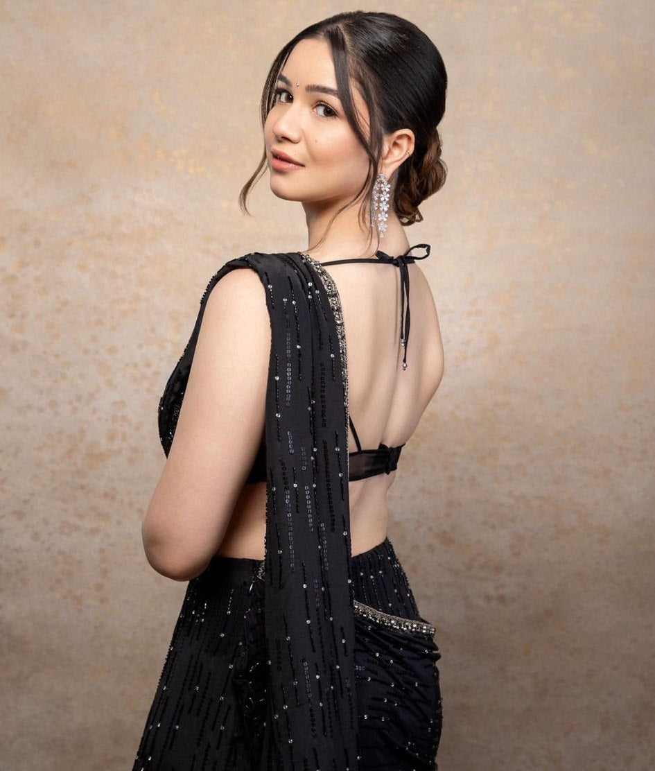 Black sequence embroidered party wear designer lehenga saree